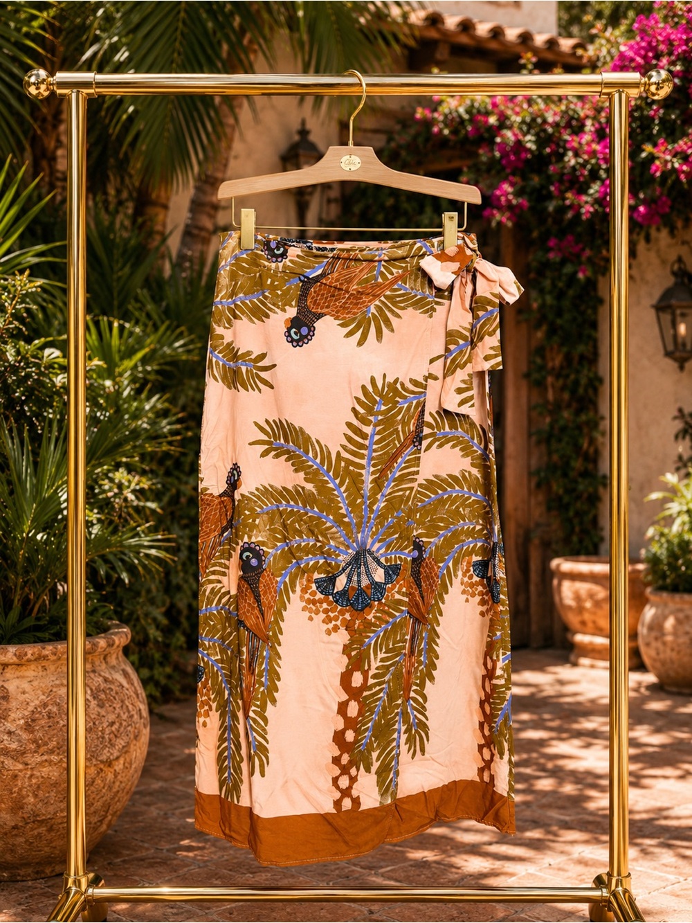 Made in Italy Tropical Wrap Skirt with Palm & Parrot Print L/XL